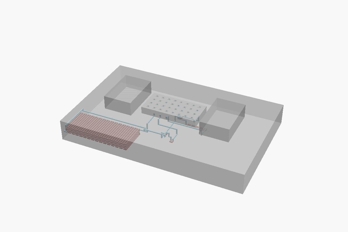 Isometric view of the Caffeine Urinalysis Chip, generated from OpenSCAD source