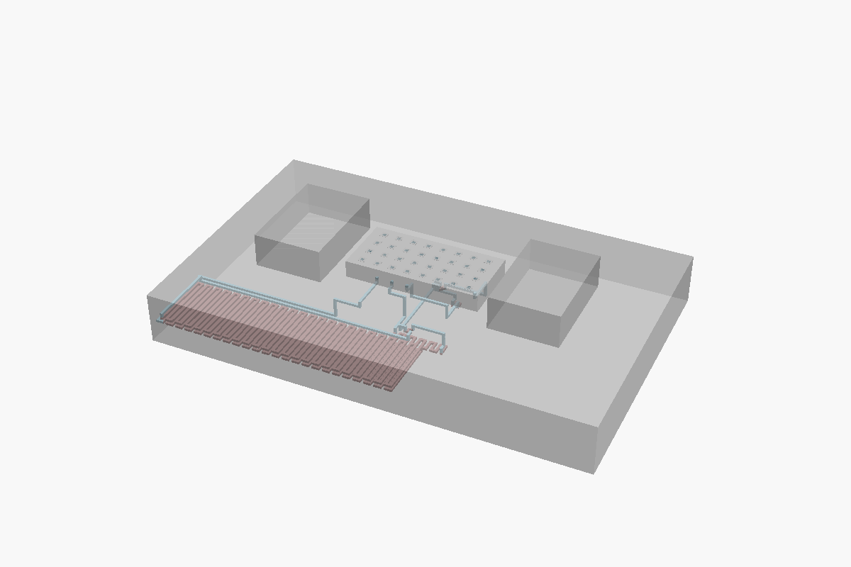 Isometric view of the Ethanol Urinalysis Chip, generated from OpenSCAD source