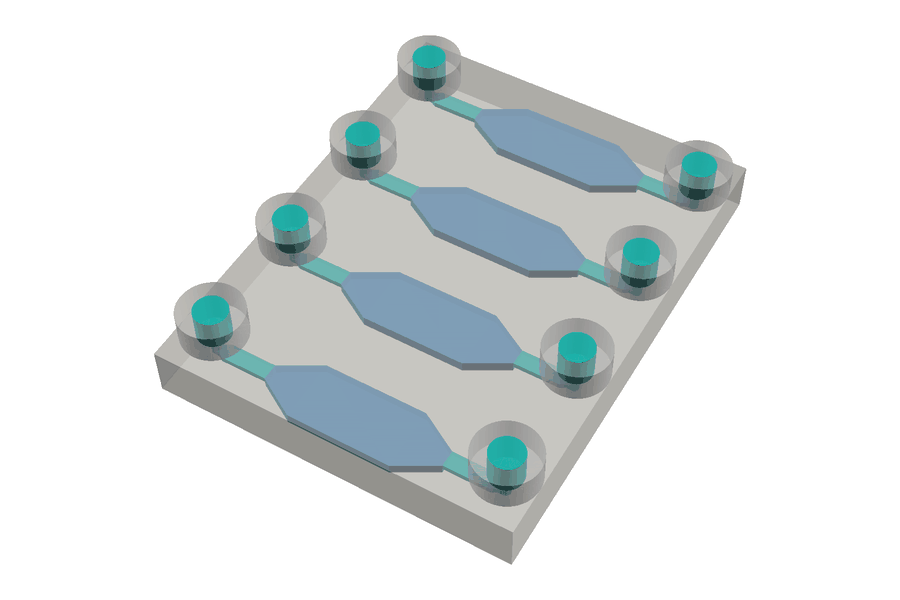 Computer render of a design, not a print: four separate paths side by side in a see-through block. On each, a short green channel leads from a raised round socket on the top face into a long six-sided blue chamber, which tapers at both ends to the channel's width, and a second channel leads on to another raised socket: eight sockets, in two rows of four.