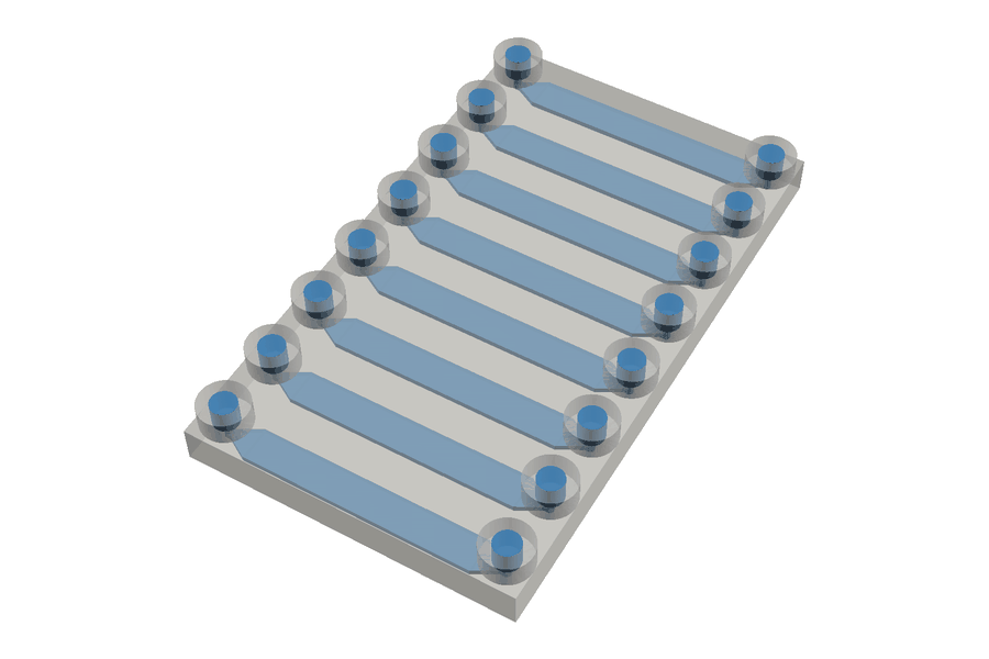 Computer render of a design, not a print: eight straight blue channels side by side in a see-through block, each tapering at both ends to a round port, with a raised round socket standing on the top face over every port: sixteen sockets, in two rows of eight.
