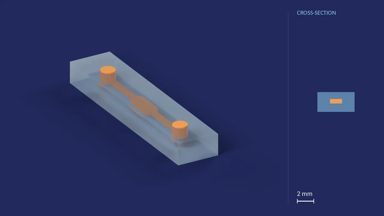 2.5 µL / 500 µm reaction chamber — our footprint (Fluidic 843). A computer render of the design, not a photograph: its body drawn see-through, its channels in orange. The chip is 20.8 mm × 4.41 mm × 2.3 mm. Beside it, its cross-section across the middle.