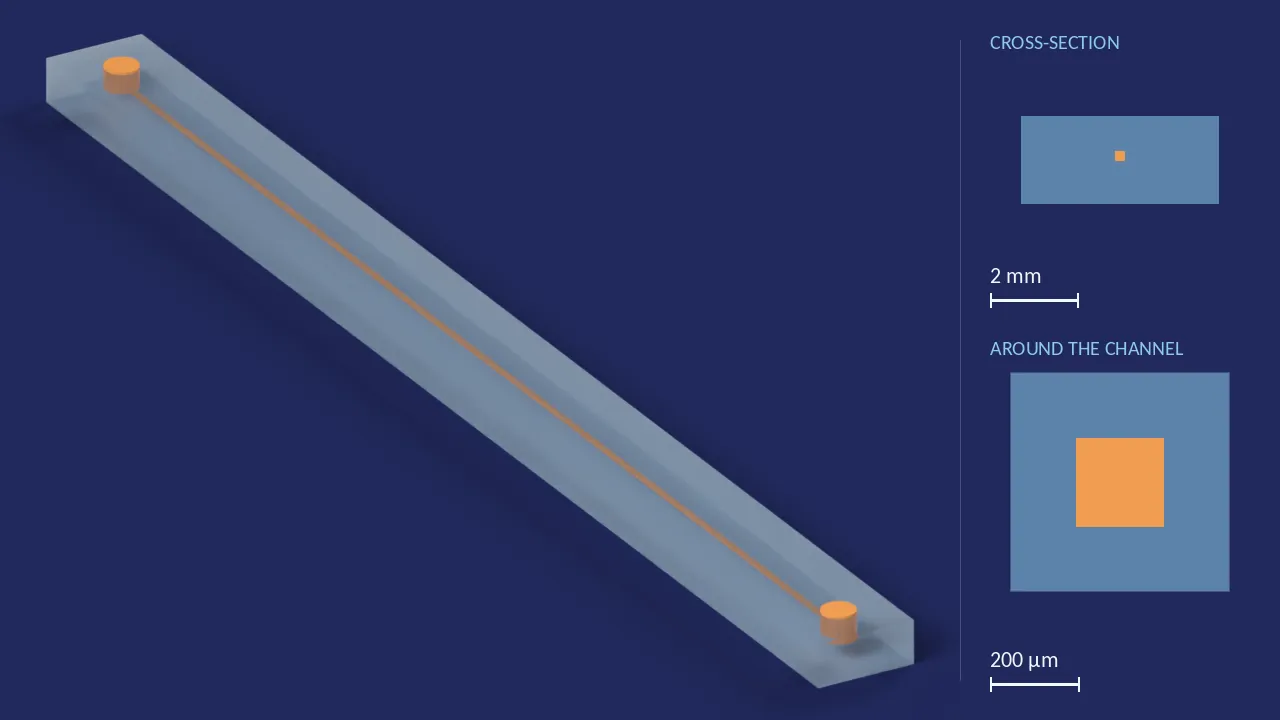 200 × 200 µm, 58.5 mm long — 1 of 4 channels (Fluidic 156). A computer render of the design, not a photograph: its body drawn see-through, its channels in orange. The chip is 63 mm × 4.5 mm × 2 mm. Beside it, its cross-section across the middle, and a 500 µm window around the channel, which is 200 µm wide and 200 µm deep there.