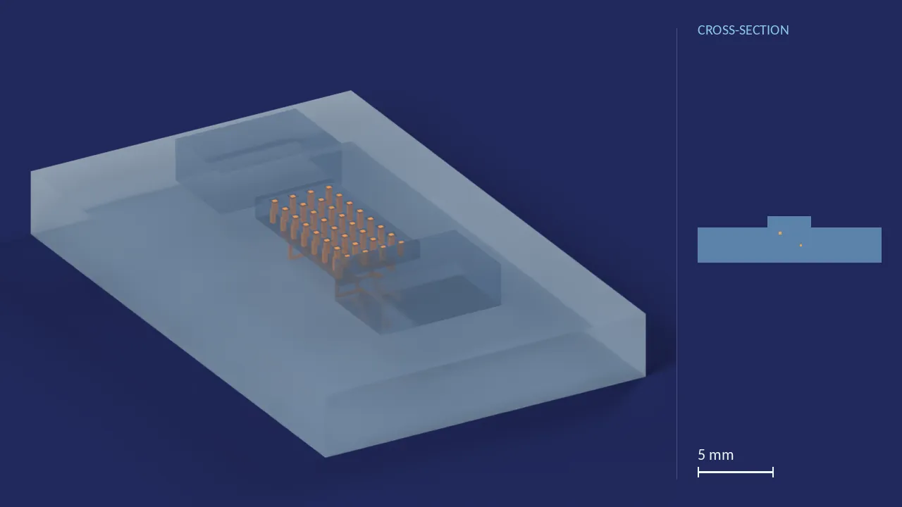 Ketone Urinalysis Chip. A computer render of the design, not a photograph: its body drawn see-through, its channels in orange. The chip is 19.4 mm × 12.2 mm × 3.8 mm. Beside it, its cross-section across the middle.