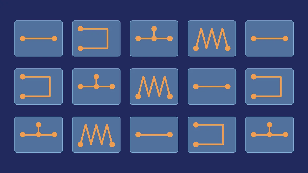 An illustration, not one of the suite's designs: fifteen chip outlines, each with a simple channel shape.