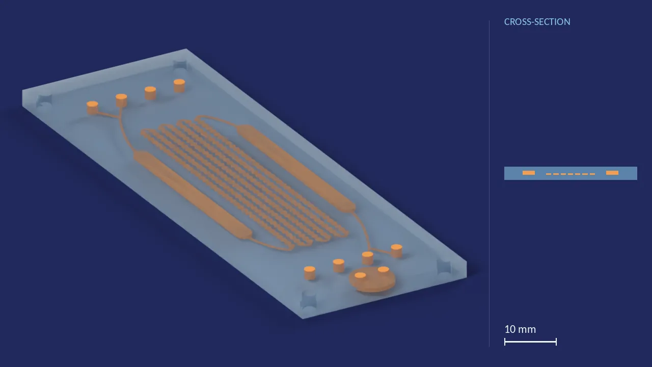 Pearl-Chain Mixer — 7-pass serpentine (Fluidic 658). A computer render of the design, not a photograph: its body drawn see-through, its channels in orange. The chip is 75.5 mm × 25.5 mm × 2.4 mm. Beside it, its cross-section across the middle.