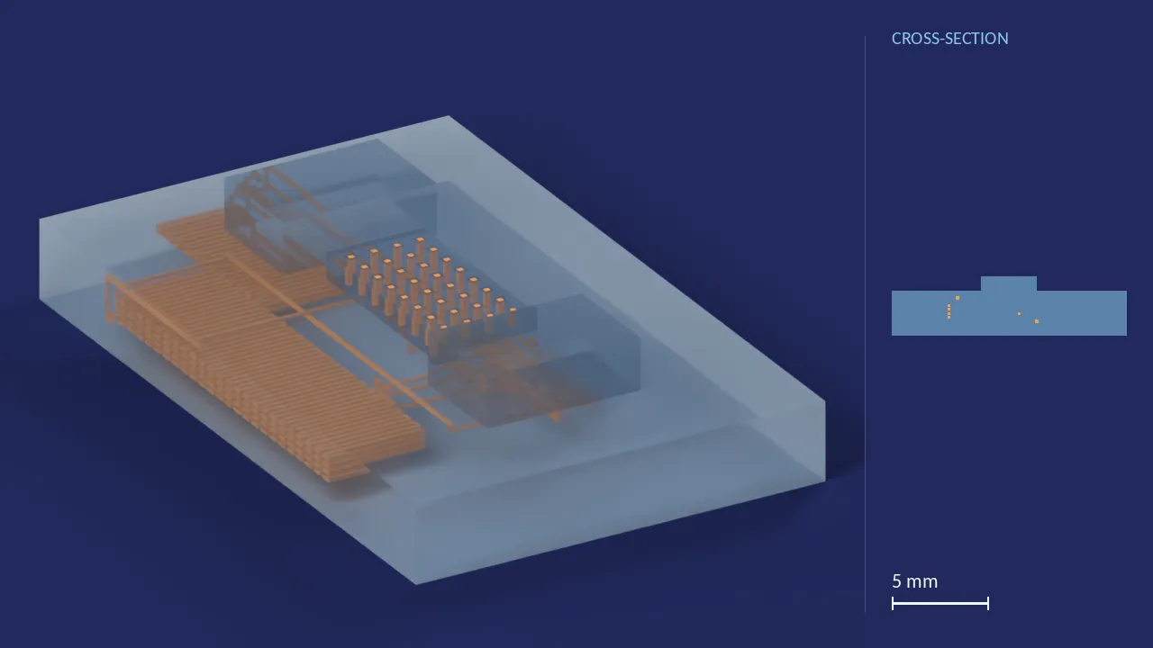 Salicylate Urinalysis Chip. A computer render of the design, not a photograph: its body drawn see-through, its channels in orange. The chip is 19.4 mm × 12.2 mm × 3.8 mm. Beside it, its cross-section across the middle.