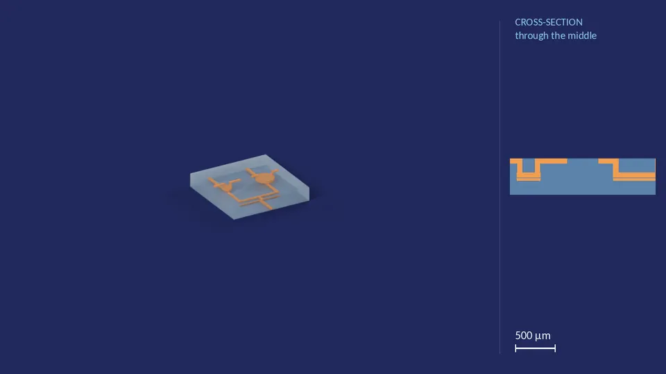 inlet_block_2x_40_80_0. A computer render of the cell's channels, in orange, inside its footprint of 2.74 mm × 2.74 mm (from its LEF), drawn see-through; not a photograph. Beside it, its cross-section through the middle.