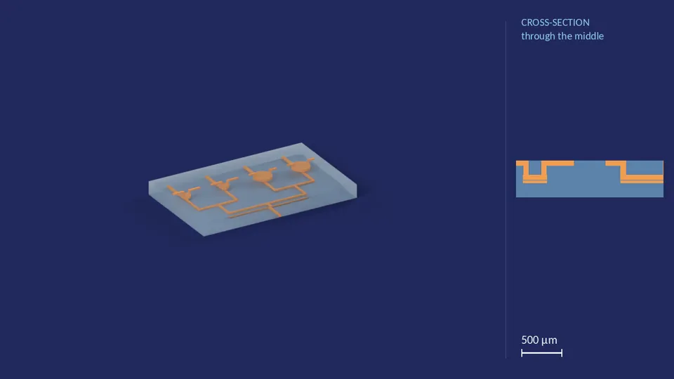 inlet_block_4x_40_40_80_80_0. A computer render of the cell's channels, in orange, inside its footprint of 3.42 mm × 5.47 mm (from its LEF), drawn see-through; not a photograph. Beside it, its cross-section through the middle.