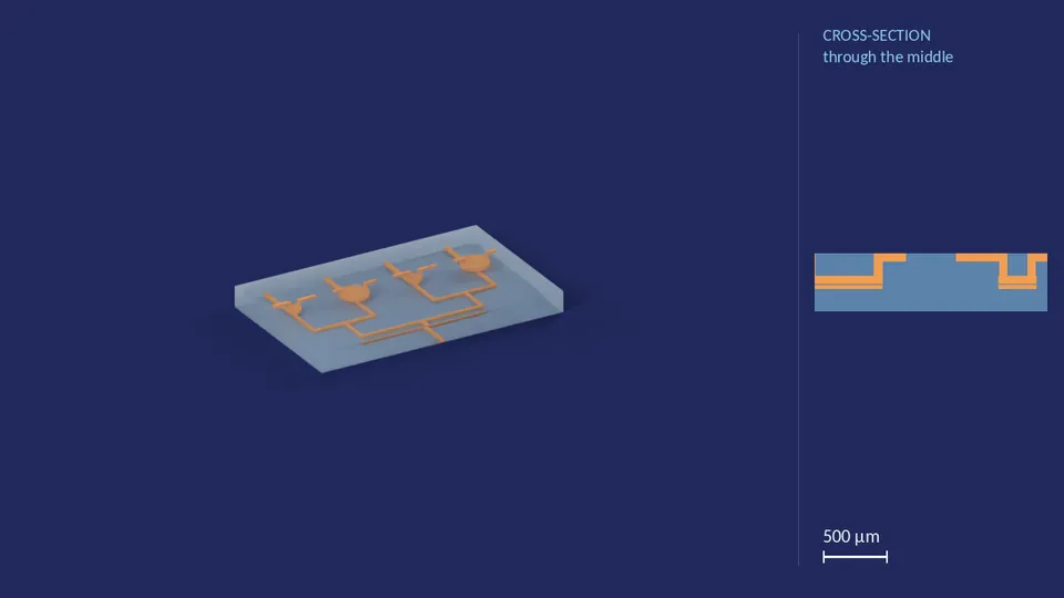 inlet_block_4x_40_80_40_80_0. A computer render of the cell's channels, in orange, inside its footprint of 3.42 mm × 5.47 mm (from its LEF), drawn see-through; not a photograph. Beside it, its cross-section through the middle.