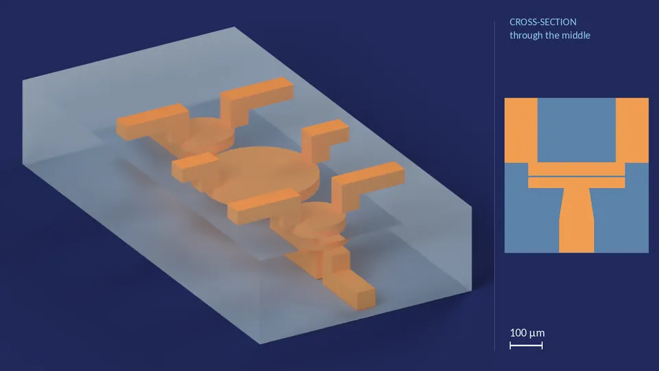 pump_20_40_20px_0. A computer render of the cell's channels, in orange, inside its footprint of 2.43 mm × 1.25 mm (from its LEF), drawn see-through; not a photograph. Beside it, its cross-section through the middle.