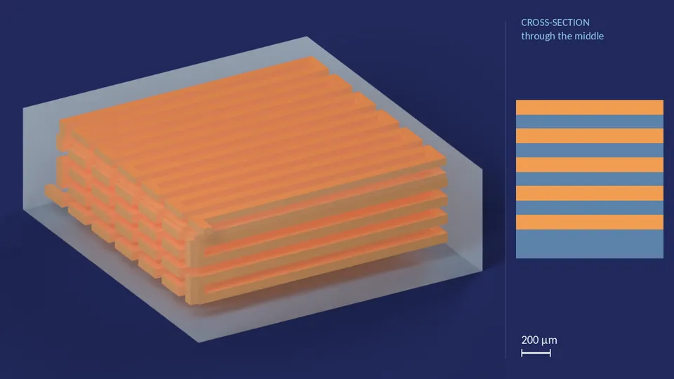 serpentine_300px_4. A computer render of the cell's channels, in orange, inside its footprint of 3.42 mm × 3.19 mm (from its LEF), drawn see-through; not a photograph. Beside it, its cross-section through the middle.