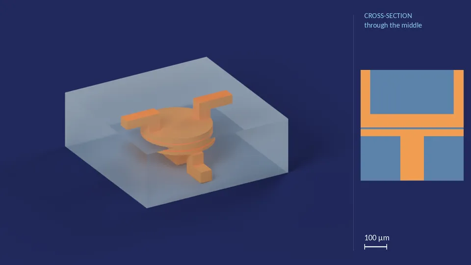 valve_80px_1. A computer render of the cell's channels, in orange, inside its footprint of 1.37 mm × 1.37 mm (from its LEF), drawn see-through; not a photograph. Beside it, its cross-section through the middle.